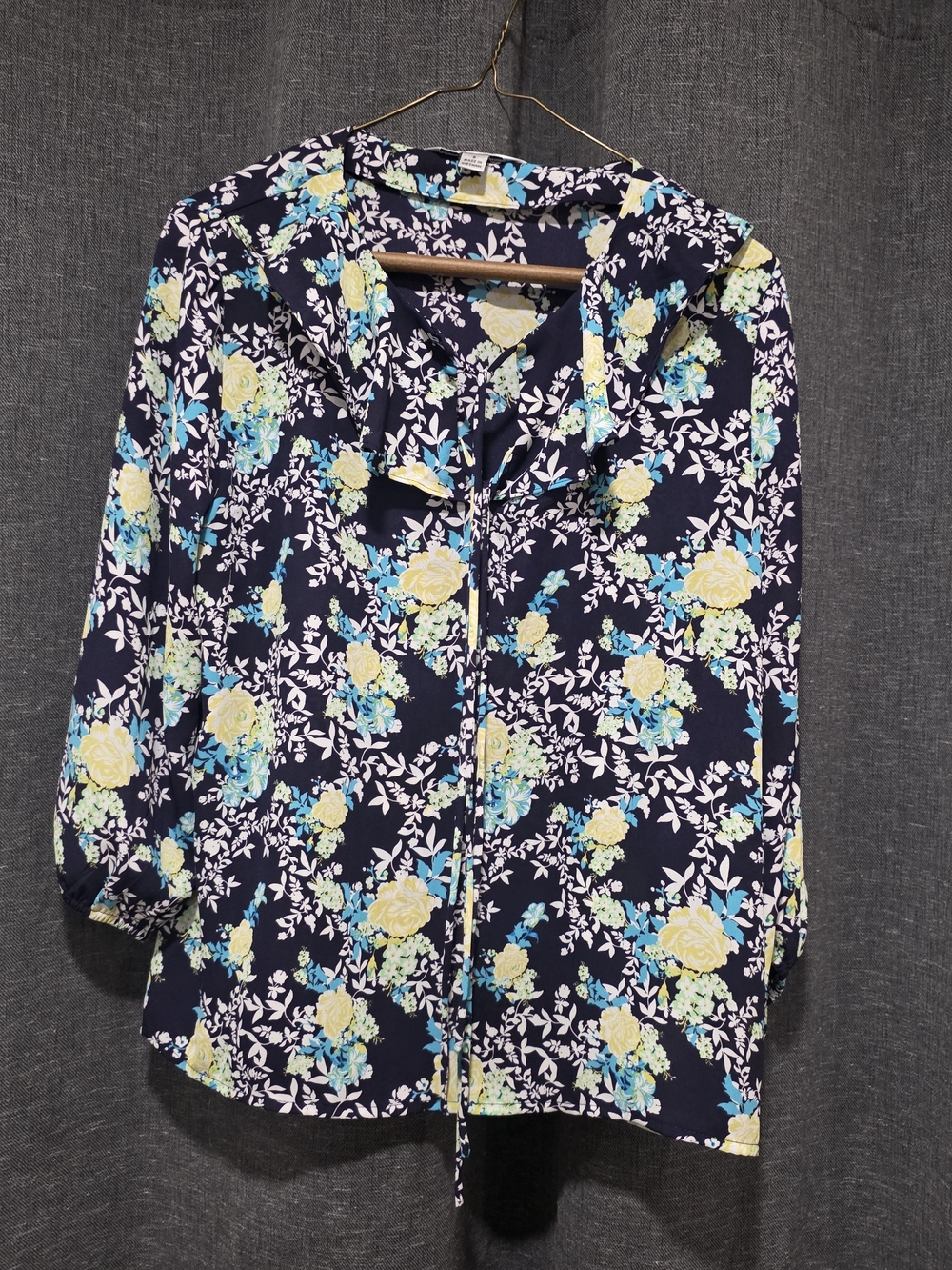 Counterparts Navy Floral Tie-Neck Blouse with Yellow & Teal Accents